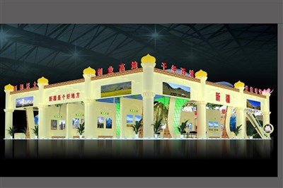 810平米展臺設計制作：四面開口/歐式/木質(zhì)結(jié)構(gòu)/米色，為旅游展展商而作（免費使用）