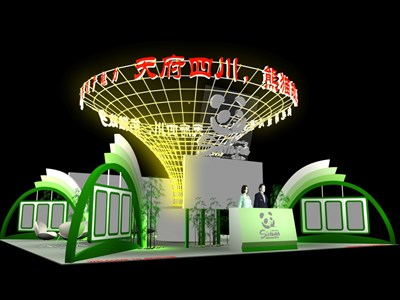 100平米展臺設(shè)計制作：四面開口/前衛(wèi)/型材結(jié)構(gòu)/綠色，為旅游展展商而作（免費使用）