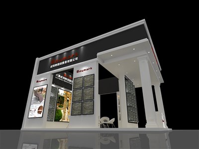 56平米展臺(tái)設(shè)計(jì)制作：三面開口/歐式/木質(zhì)結(jié)構(gòu)/灰色，為建材展展商而作（免費(fèi)使用）