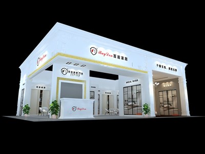 120平米展臺設(shè)計制作：二面開口/歐式/木質(zhì)結(jié)構(gòu)/白色，為建材展展商而作（免費(fèi)使用）