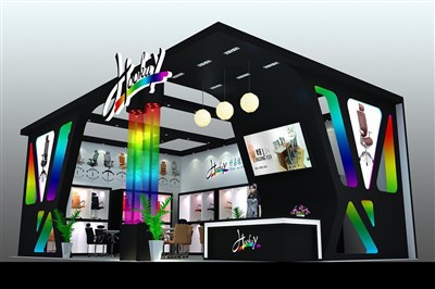 77平米展臺(tái)設(shè)計(jì)制作：二面開口/現(xiàn)代/木質(zhì)結(jié)構(gòu)/彩色，為建材展展商而作（免費(fèi)使用）