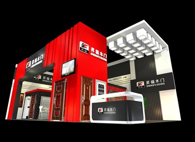 72平米展臺(tái)設(shè)計(jì)制作：二面開口/現(xiàn)代/木質(zhì)結(jié)構(gòu)/紅色，為建材展展商而作（免費(fèi)使用）