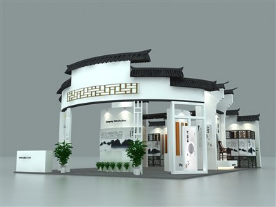 100平米展臺設(shè)計制作：三面開口/中式/木質(zhì)結(jié)構(gòu)/白色，為建材展展商而作（免費(fèi)使用）