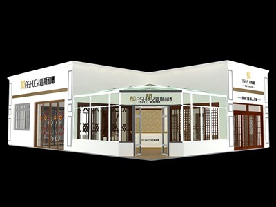 140平米展臺設計制作：二面開口/現代/木質結構/米色，為建材展展商而作（免費使用）