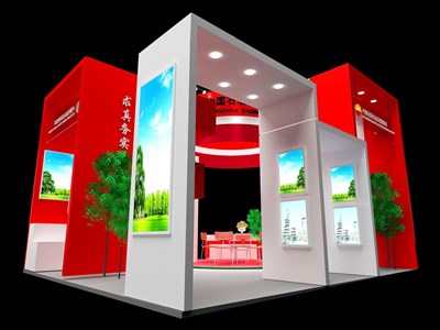 36平米展臺(tái)設(shè)計(jì)制作：三面開口/現(xiàn)代/木質(zhì)結(jié)構(gòu)/紅色，為綜合展展商而作（免費(fèi)使用）