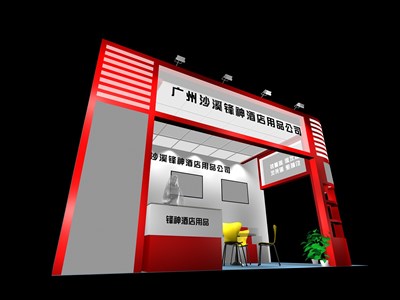 18平米展臺設(shè)計制作：二面開口/現(xiàn)代/木質(zhì)結(jié)構(gòu)/紅色，為綜合展展商而作（免費使用）