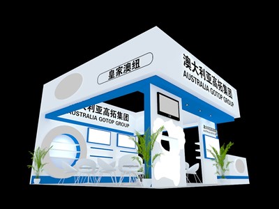 36平米展臺設計制作：三面開口/現(xiàn)代/木質結構/藍色，為綜合展展商而作（免費使用）