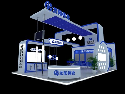 54平米展臺設(shè)計制作：二面開口/現(xiàn)代/木質(zhì)結(jié)構(gòu)/藍色，為綜合展展商而作（免費使用）