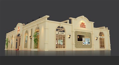 360平米展臺設計制作：三面開口/歐式/木質(zhì)結構/米色，為建材展展商而作（免費使用）
