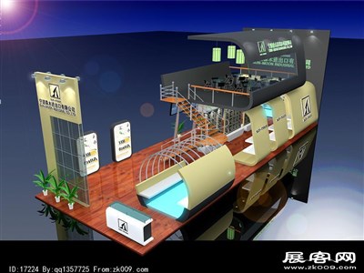 102平米展臺(tái)設(shè)計(jì)制作：一面開(kāi)口/現(xiàn)代/雙層結(jié)構(gòu)/米色，為建材展展商而作（免費(fèi)使用）