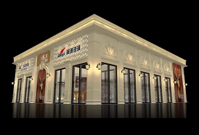 162平米展臺設(shè)計制作：二面開口/現(xiàn)代/型材結(jié)構(gòu)/灰色，為建材展展商而作（免費(fèi)使用）