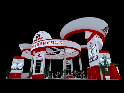 72平米展臺(tái)設(shè)計(jì)制作：四面開口/現(xiàn)代/木質(zhì)結(jié)構(gòu)/紅色，為建材展展商而作（免費(fèi)使用）