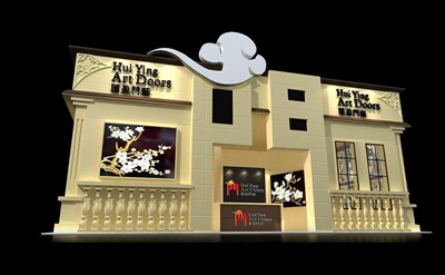150平米展臺設計制作：四面開口/歐式/木質(zhì)結(jié)構(gòu)/米色，為建材展展商而作（免費使用）