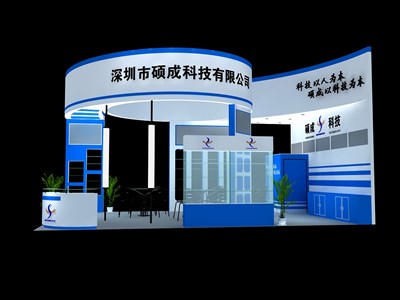54平米展臺(tái)設(shè)計(jì)制作：三面開口/現(xiàn)代/木質(zhì)結(jié)構(gòu)/藍(lán)色，為建材展展商而作（免費(fèi)使用）