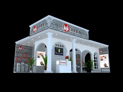 54平米展臺(tái)設(shè)計(jì)制作：三面開口/歐式/木質(zhì)結(jié)構(gòu)/灰色，為建材展展商而作（免費(fèi)使用）