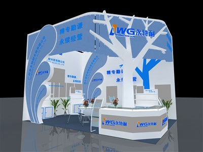 35平米展臺設計制作：二面開口/現(xiàn)代/木質結構/藍色，為建材展展商而作（免費使用）