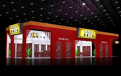 140平米展臺設(shè)計制作：三面開口/中式/木質(zhì)結(jié)構(gòu)/紅色，為建材展展商而作（免費(fèi)使用）