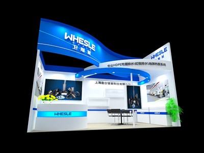 18平米展臺設(shè)計制作：一面開口/現(xiàn)代/木質(zhì)結(jié)構(gòu)/藍色，為建材展展商而作（免費使用）