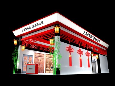 90平米展臺(tái)設(shè)計(jì)制作：二面開(kāi)口/中式/木質(zhì)結(jié)構(gòu)/紅色，為建材展展商而作（免費(fèi)使用）