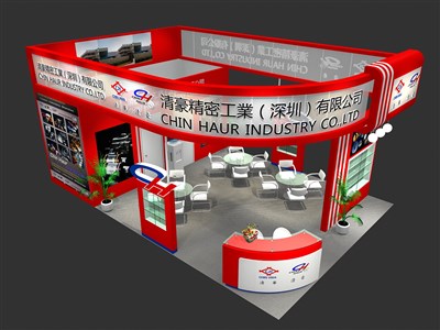 54平米展臺(tái)設(shè)計(jì)制作：三面開口/現(xiàn)代/木質(zhì)結(jié)構(gòu)/紅色，為電子展展商而作（免費(fèi)使用）