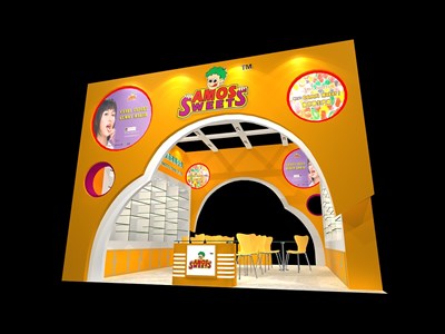 36平米展臺設(shè)計制作：二面開口/現(xiàn)代/木質(zhì)結(jié)構(gòu)/橙色，為食品展展商而作（免費使用）