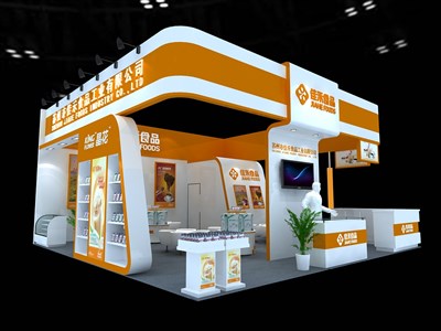 64平米展臺設計制作：三面開口/現(xiàn)代/木質(zhì)結(jié)構/橙色，為食品展展商而作（免費使用）