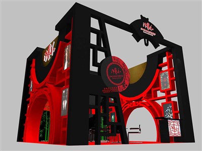 36平米展臺設(shè)計制作：三面開口/中式/木質(zhì)結(jié)構(gòu)/紅色，為食品展展商而作（免費(fèi)使用）