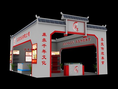54平米展臺設(shè)計制作：三面開口/中式/木質(zhì)結(jié)構(gòu)/灰色，為食品展展商而作（免費(fèi)使用）