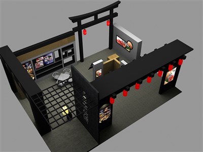 108平米展臺(tái)設(shè)計(jì)制作：四面開口/中式/木質(zhì)結(jié)構(gòu)/黑色，為食品展展商而作（免費(fèi)使用）