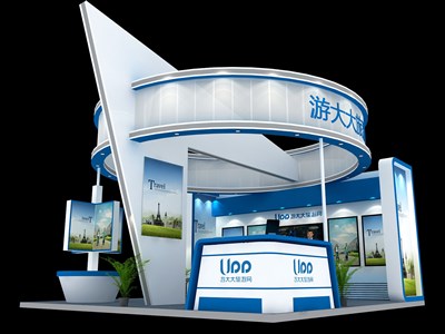 36平米展臺設(shè)計(jì)制作：三面開口/現(xiàn)代/木質(zhì)結(jié)構(gòu)/藍(lán)色，為建材展展商而作（免費(fèi)使用）
