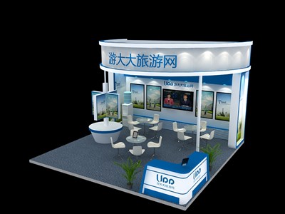 36平米展臺(tái)設(shè)計(jì)制作：三面開口/現(xiàn)代/木質(zhì)結(jié)構(gòu)/藍(lán)色，為建材展展商而作（免費(fèi)使用）