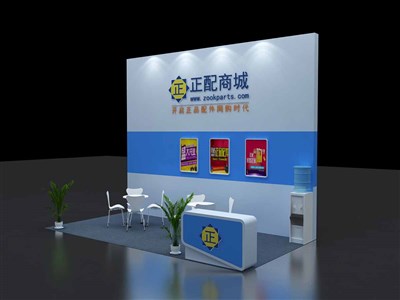 18平米展臺設(shè)計制作：二面開口/現(xiàn)代/木質(zhì)結(jié)構(gòu)/藍色，為汽配展展商而作（免費使用）