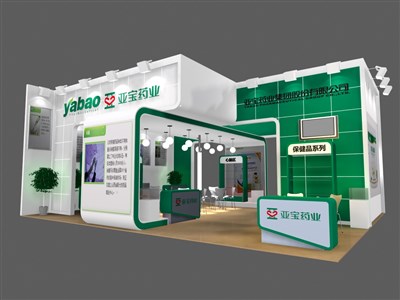 80平米展臺設計制作：三面開口/現(xiàn)代/木質結構/綠色，為綜合展展商而作（免費使用）