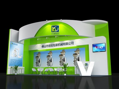 27平米展臺設(shè)計制作：二面開口/現(xiàn)代/木質(zhì)結(jié)構(gòu)/綠色，為機械展展商而作（免費使用）
