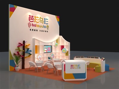 36平米展臺(tái)設(shè)計(jì)制作：三面開口/前衛(wèi)/木質(zhì)結(jié)構(gòu)/彩色，為文具圖書展展商而作（免費(fèi)使用）
