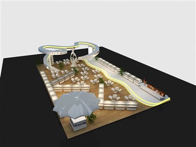 416平米展臺設(shè)計制作：三面開口/現(xiàn)代/木質(zhì)結(jié)構(gòu)/黃色，為珠寶展展商而作（免費使用）