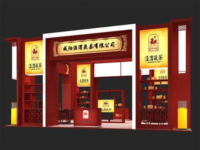 72平米展臺設計制作：三面開口/中式/木質結構/紅色，為茶博會展商而作（免費使用）