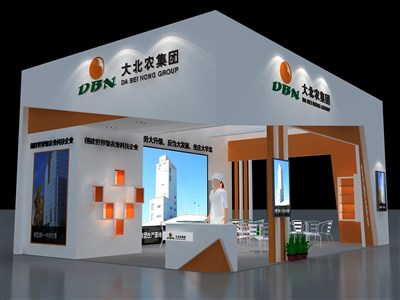 54平米展臺設計制作：三面開口/現(xiàn)代/木質(zhì)結(jié)構/橙色，為農(nóng)交會展商而作（免費使用）