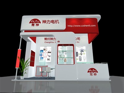 18平米展臺設(shè)計制作：三面開口/現(xiàn)代/木質(zhì)結(jié)構(gòu)/紅色，為機械展展商而作（免費使用）