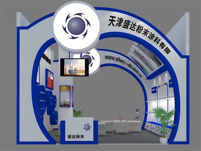 36平米展臺(tái)設(shè)計(jì)制作：二面開口/現(xiàn)代/木質(zhì)結(jié)構(gòu)/藍(lán)色，為建材展展商而作（免費(fèi)使用）