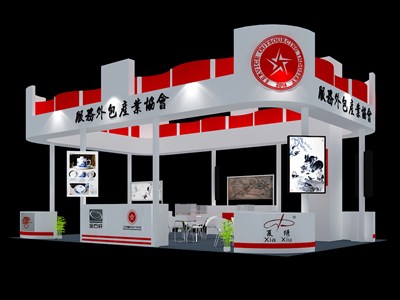 57平米展臺(tái)設(shè)計(jì)制作：三面開口/現(xiàn)代/木質(zhì)結(jié)構(gòu)/紅色，為工藝品展展商而作（免費(fèi)使用）
